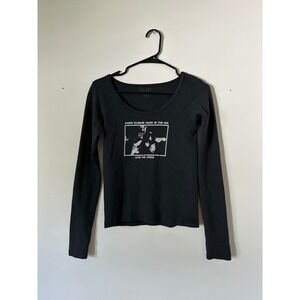 Brandy Melville John Galt Radio Silence Graphic Long Sleeve Top Black Scoop Neck